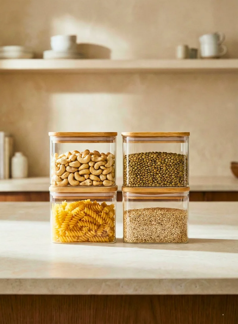 1 تشيس علب تخزين زجاجية مستطيلة بأغطية من الخيزران - 900 مل، طقم من 4 قطع